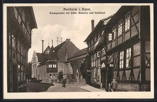 AK Northeim i. Hann., Schaupenstiel mit Städt. Brauerei und Volksbad