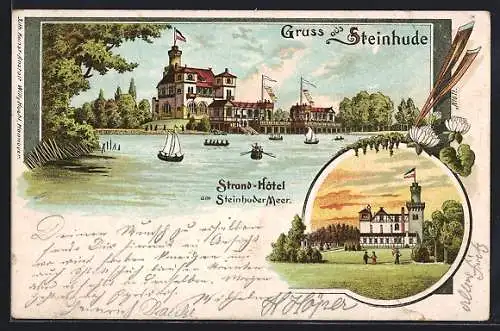 Lithographie Steinhude, Blick zum Strand-Hotel mit Ruderbooten & Segelbooten