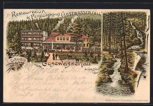 Vorläufer-Lithographie Goslar a. Harz, 1895, Restauration & Pensionshaus Gosewasserfall