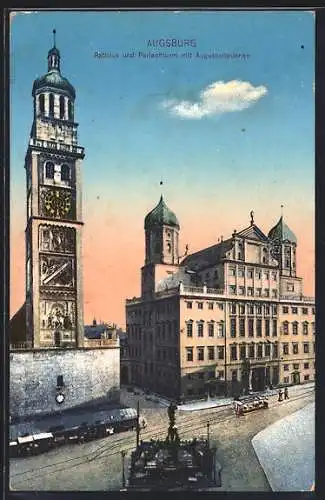 AK Augsburg, Rathaus und Perlachturm mit Augustusbrunnen