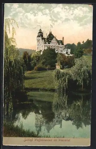 AK Schloss Wolfsbrunnen /Werratal, Ortsansicht vom Wasser aus