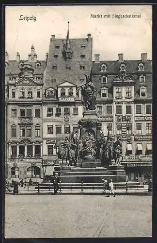 AK Leipzig, Markt mit Siegesdenkmal, Credit-Anstalt, Cafe