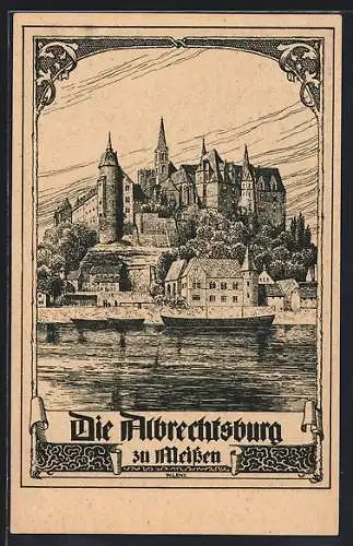 Künstler-AK Meissen, Albrechtsburg an der Elbe