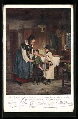 Künstler-AK sign. Quido Manes: Der erste Schulgang