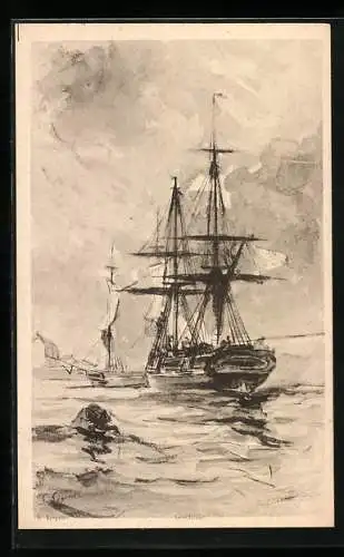 Künstler-AK sign. S. Lepine: Goelette, grosses Segelschiff in Fahrt
