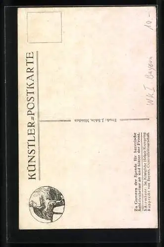 AK Bayrische Soldatenheime, Pickelhaube in Mitten von zwei Engeln