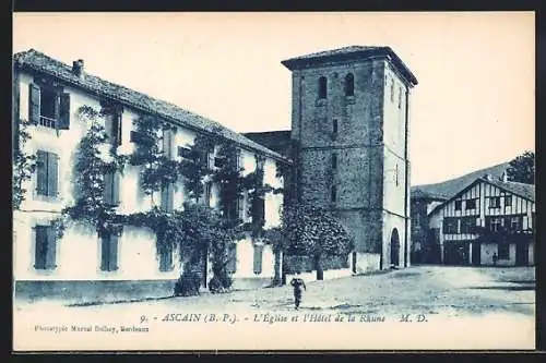 AK Ascain /B.-P., L`Eglise et l`Hotel de la Rhune