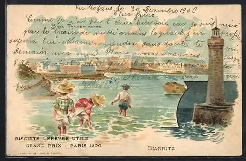 Lithographie Biarritz, Kinder im Meer vor Ortsansicht, Leuchtturm