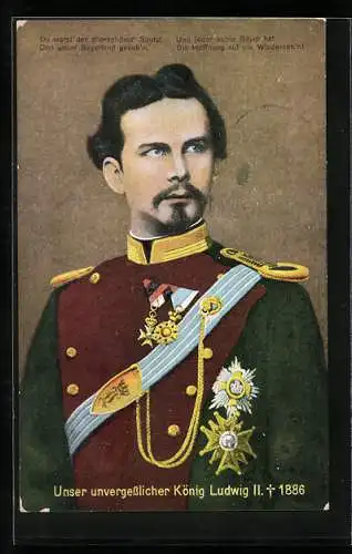 AK Du warst der allerschönst` Soldat, Portrait Ludwig II. in Uniform, Gedenkkarte