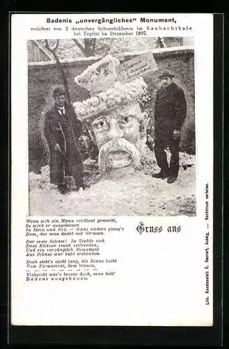 AK Teplitz, Zwei Schneebildner, Badenis unvergängliches Monument aus Schnee, Gedicht