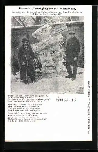 AK Teplitz, Zwei Schneebildner mit Schneeplastik Badenis unvergängliches Monument, Gedicht