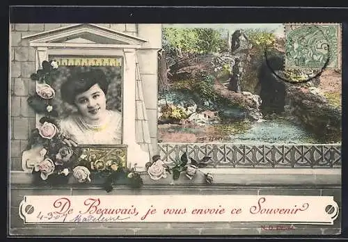 AK Beauvais, Souvenir avec femme et paysage rocheux