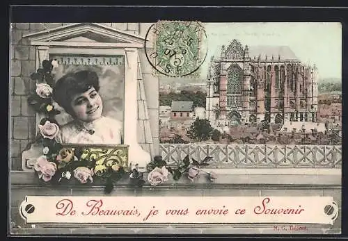 AK Beauvais, Souvenir avec cathédrale et portrait de femme avec roses