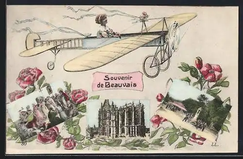 AK Beauvais, Souvenir de Beauvais, Flugzeug und Kathedrale