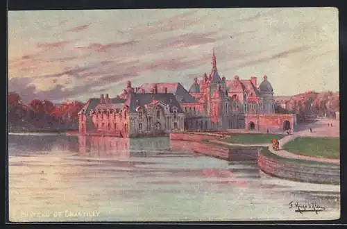 Künstler-AK Chantilly, vue du Château de Chantilly et du canal au crépuscule