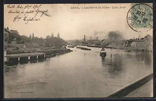 AK Creil, Les Rives de l`Oise, Quai Aval mit Dampfschiff