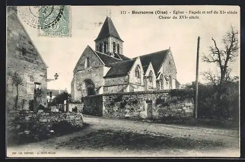 AK Boursonne, église, Facade et nef du XIe siècle, chœur du XVIe siècle