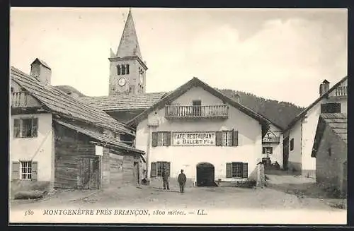 AK Montgenèvre, Café Restaurant Balcet et église avec clocher