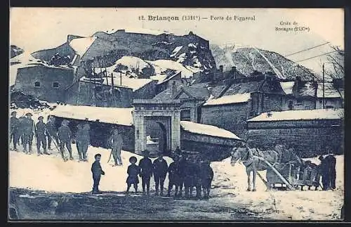 AK Briancon, Porte de Pignerol en hiver avec soldats et chevaux dans la neige