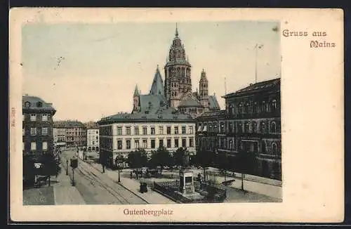 AK Mainz, Gutenbergplatz mit Kirche und Strassenbahnstrecke