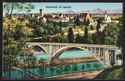 AK Grünwald / Isartal, Gesamtansicht mit Brücke