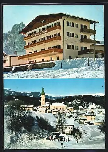 AK Kastelruth /Südtirol, Hotel-Pension Mayr, Ortspanorama im Winter