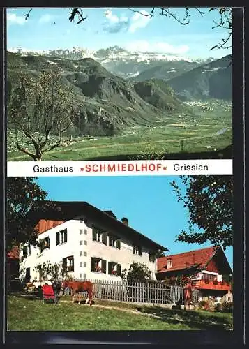 AK Grissian /Tisens bei Meran, Gasthaus Schmiedlhof mit Pferd, Panorama