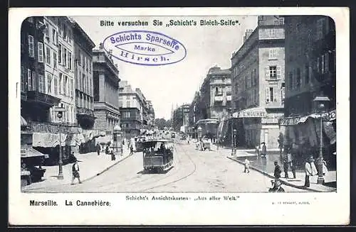 AK Marseille, La Canabiere, Strassenbahn, Leute, Geschäfte