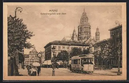 AK Mainz, Gutenbergplatz mit Dom und Strassenbahn