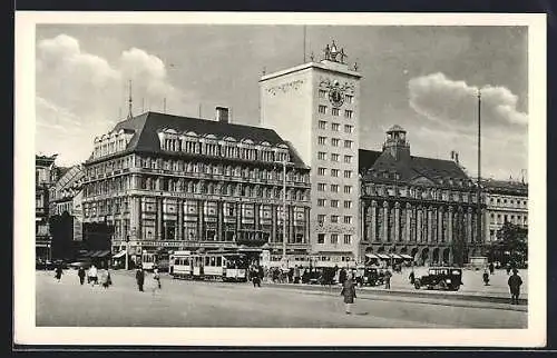 AK Leipzig, Augustusplatz mit Strassenbahn und Hochhaus