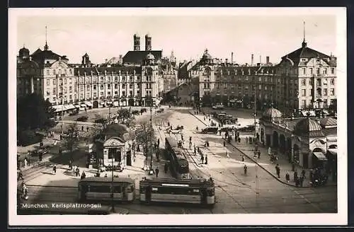 AK München, Strassenbahnen am Karlsplatzrondell