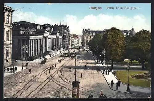 AK Stuttgart, Strassenpartie beim Königsbau mit Strassenbahn