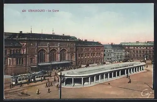 AK Strasbourg, La Gare, Strassenbahn