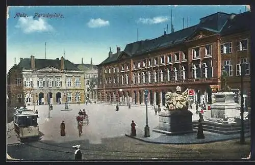 AK Metz, Paradeplatz mit Monumenten und Strassenbahn