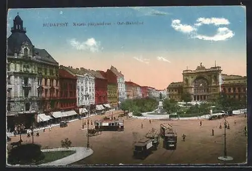 AK Budapest, Ost-Bahnhof mit Strassenbahn