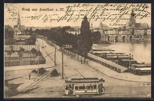 AK Frankfurt-Sachsenhausen, Strassenbahn am Damen-Schwimmbad von E. Kayser