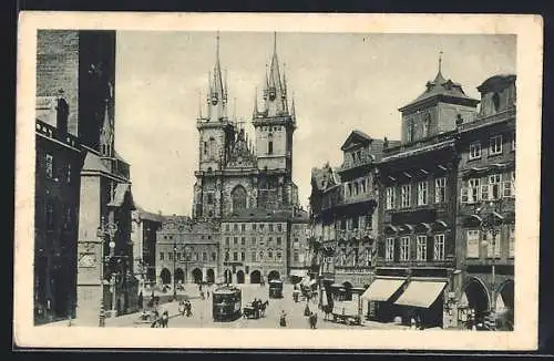 AK Prag, Teinkirche, Strassenbahn