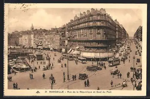 AK Marseille, Rue de la République et Quai du Port, Strassenbahn