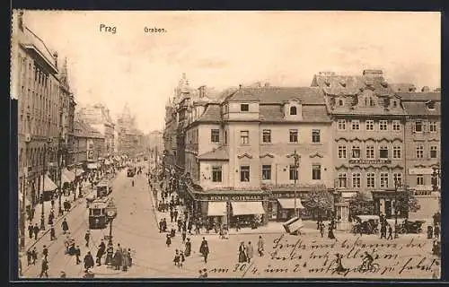 AK Prag / Praha, Graben mit Strassenbahn und Geschäften