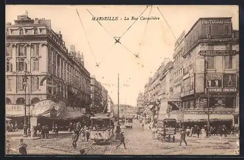 AK Marseille, Rue Cannebiere, Photographie, Cafe, Strassenbahn