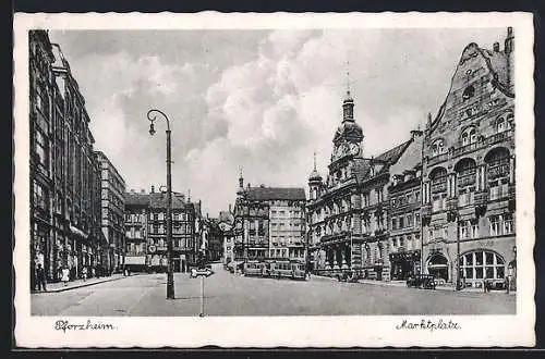 AK Pforzheim, Marktplatz, Strassenbahn