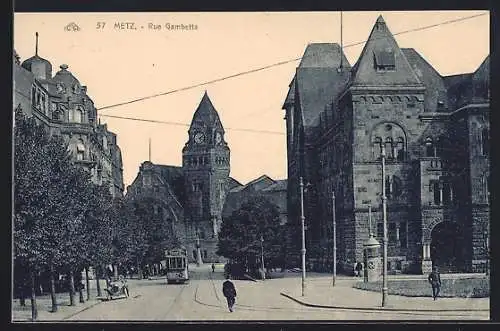 AK Metz, Rue Gambetta, Strassenbahn