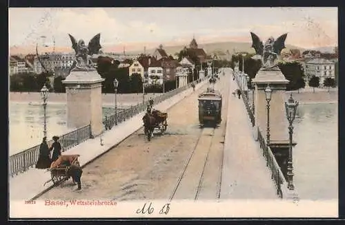 AK Basel, Wettsteinbrücke, Strassenbahn