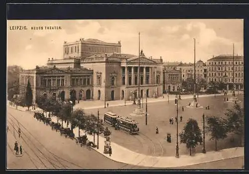 AK Leipzig, Blick auf das neue Theater mit Strassenbahn