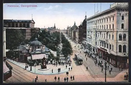 AK Hannover, Georgstrasse mit Café Kröpcke, Strassenbahn