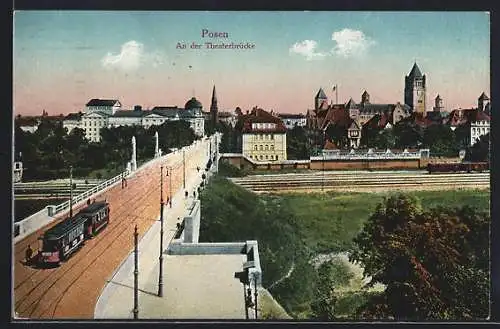 AK Posen, An der Theaterbrücke mit Strassenbahn