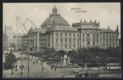 AK München, Justiz-Palast mit Brunnen und Strassenbahn