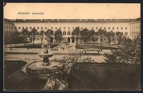 AK München, Brunnen und Strassenbahn an der Universität