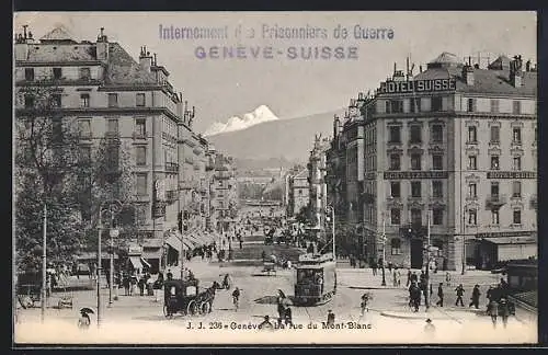 AK Genève, La rue du Mont-Blanc, Strassenpartie mit Strassenbahn