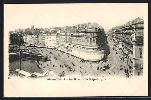 AK Marseille, La Rue de la République, Strassenpartie mit Strassenbahn